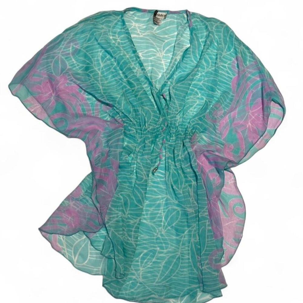 Vintage hippie sheer blue and pink boho print flowy beach cover up
